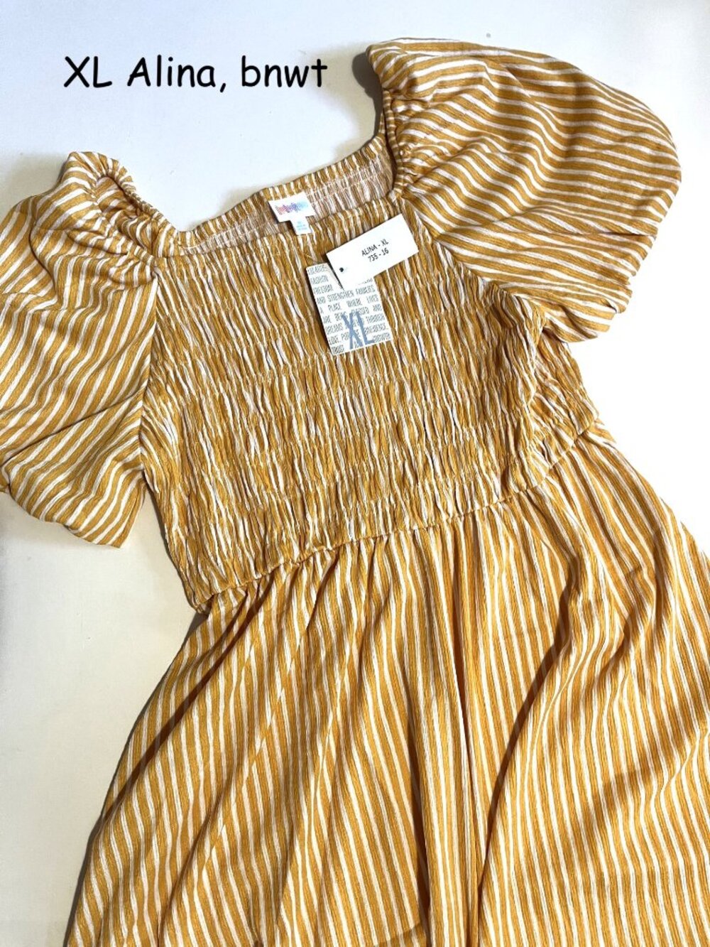 XL Lularoe Alina ballon sleeved smocked dress, gold and white stripes